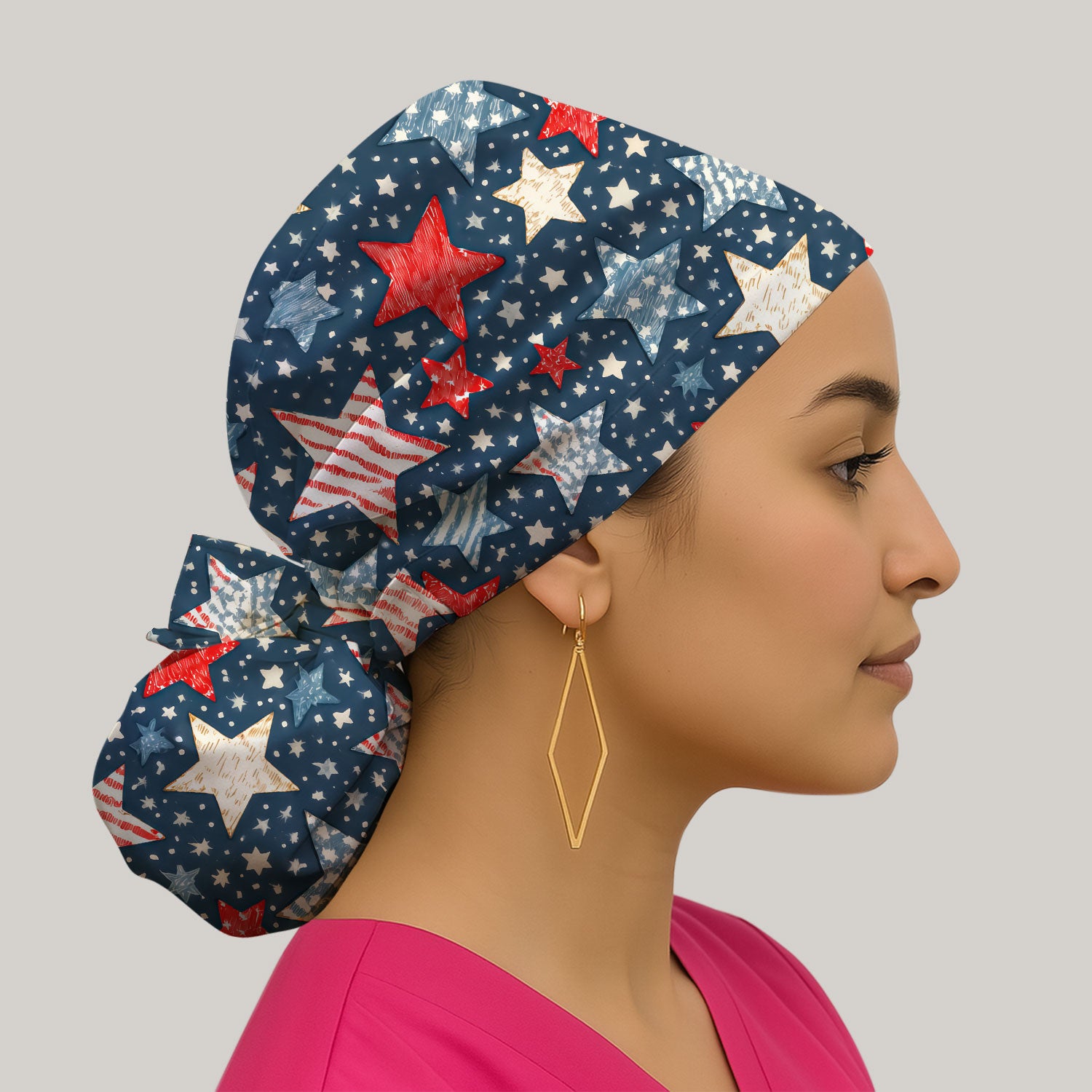 Patriotic Star Pattern Scrub Cap, Breathable Fabrics Caps Uniform