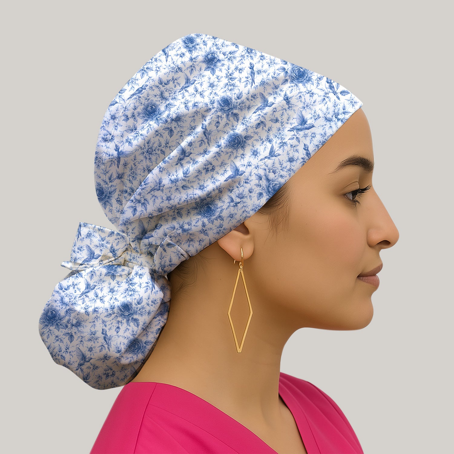 Blue Floral Hummingbird Toile Pattern Scrub Cap, Surgical Caps for Doctors