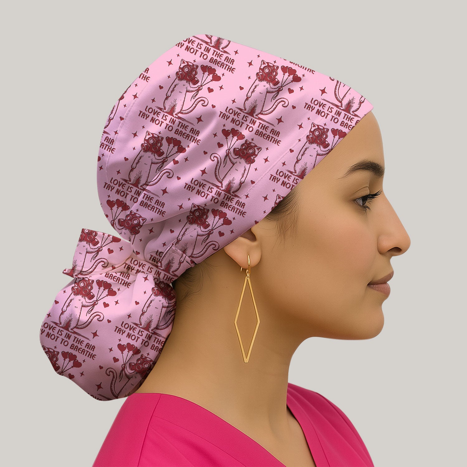 Gas Mask Cat Heart Balloon Valentine Print Scrub Cap, Surgical Caps for Doctors