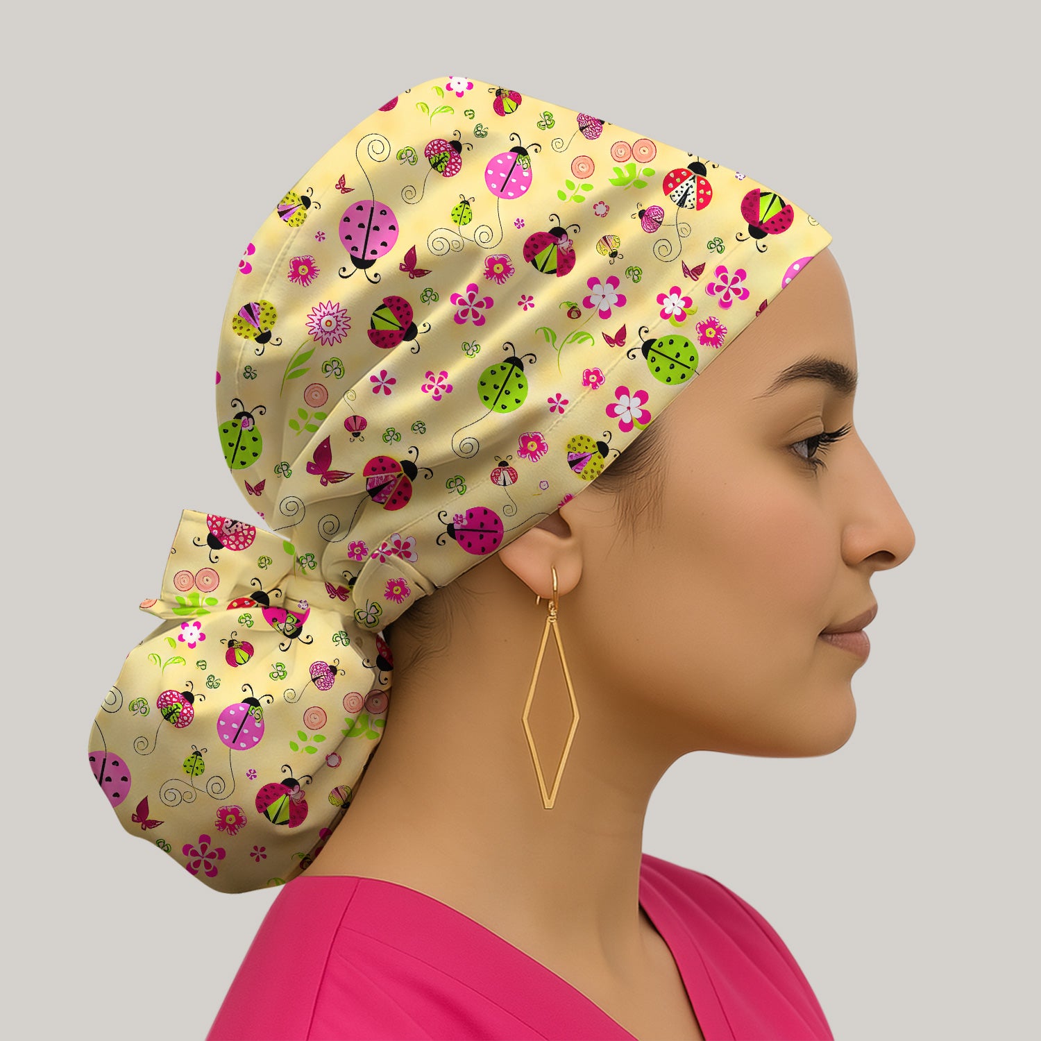 Yellow Ladybug Floral Garden Pattern Scrub Cap, Surgical Caps for Doctors