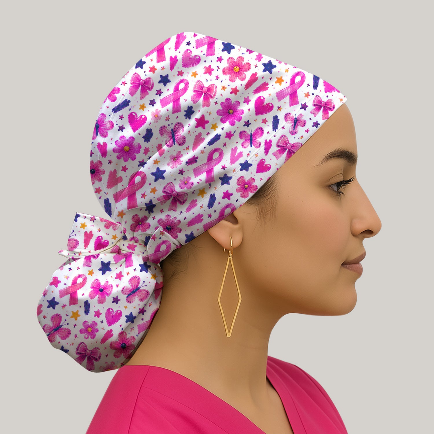 Pink Ribbon Floral Pattern Scrub Cap, Surgical Caps for Doctors