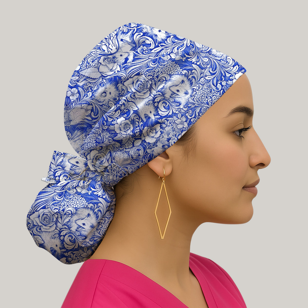 Blue Floral Opossum and Roses Scrub Cap, Surgical Caps for Doctors