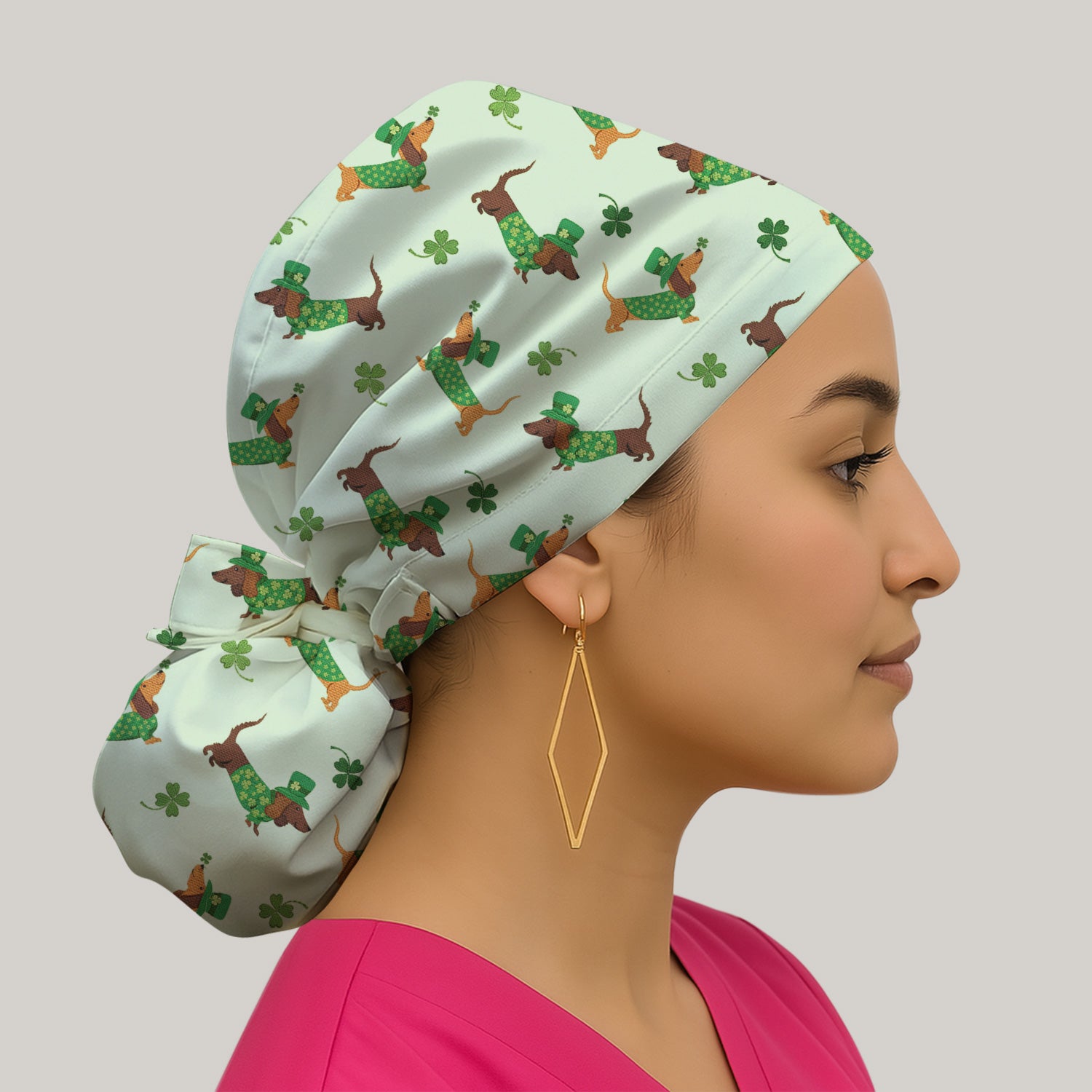 St. Patrick’s Day Dachshund Scrub Cap, Funny Wiener Dog Nurse Hat, Breathable Fabrics Nursing Uniform