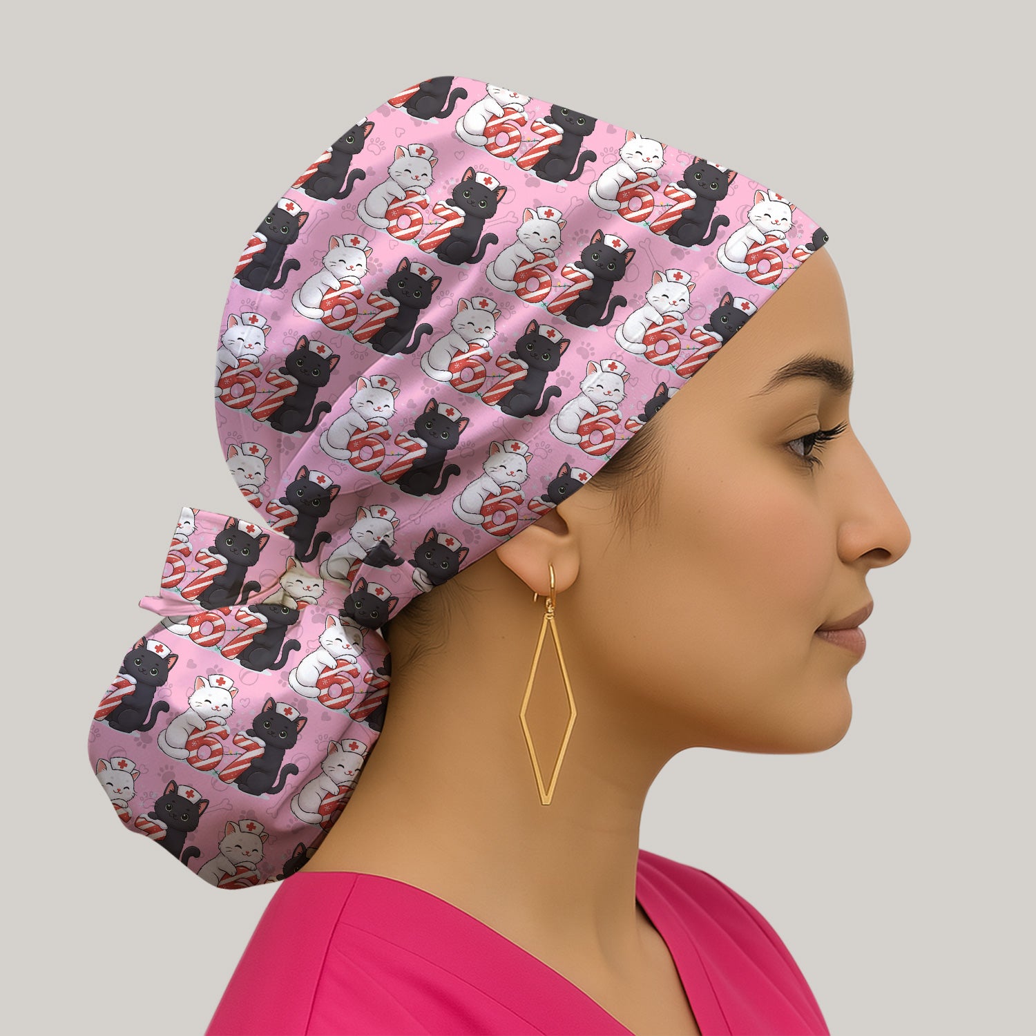 Xmas Cat Pattern Scrub Cap, Christmas Nurse Six Seven With Cat Scrub Hat, Breathable Fabrics Nursing Uniform