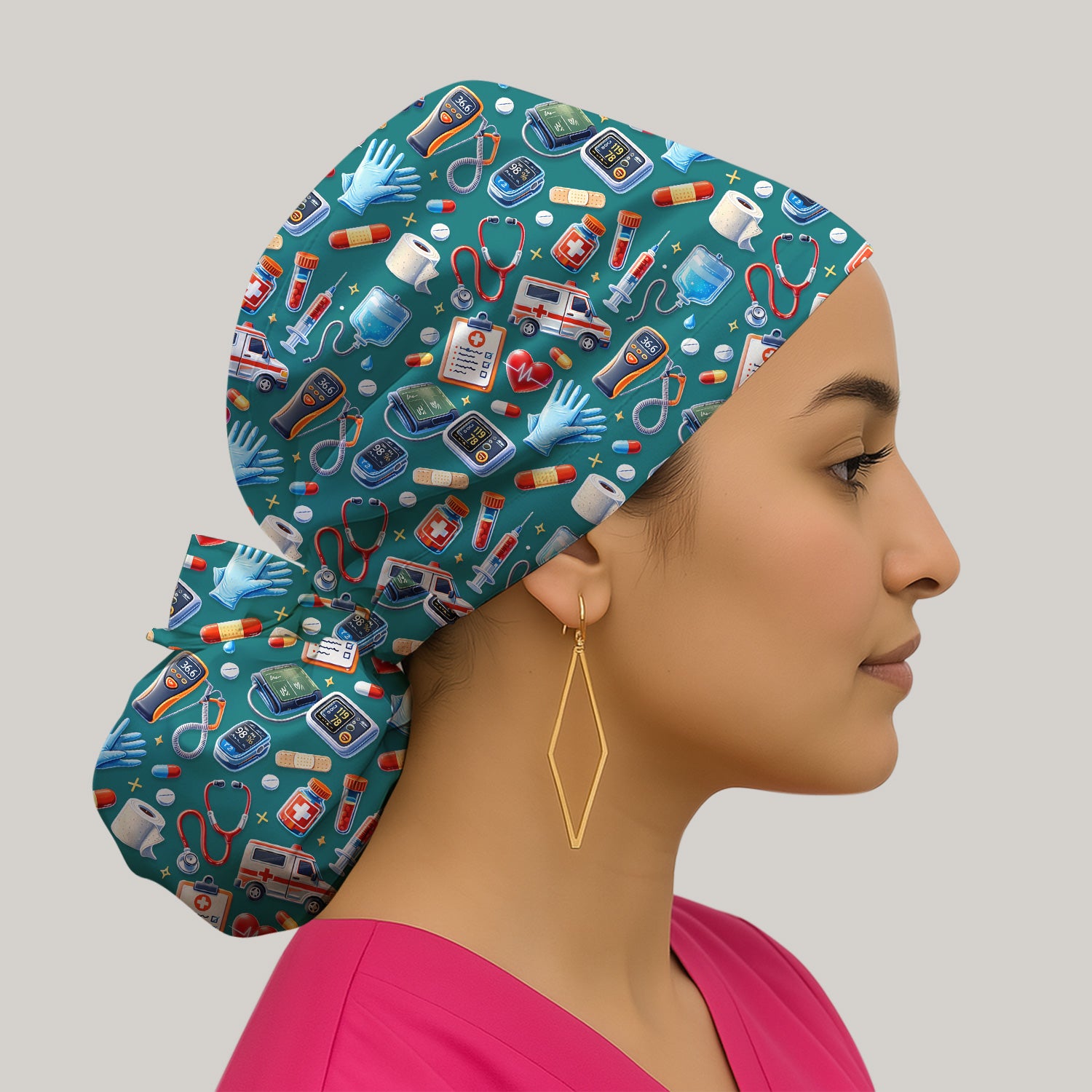 Medical Tools Pattern Ambulance Stethoscope Scrub Cap, Surgical Caps for Doctors