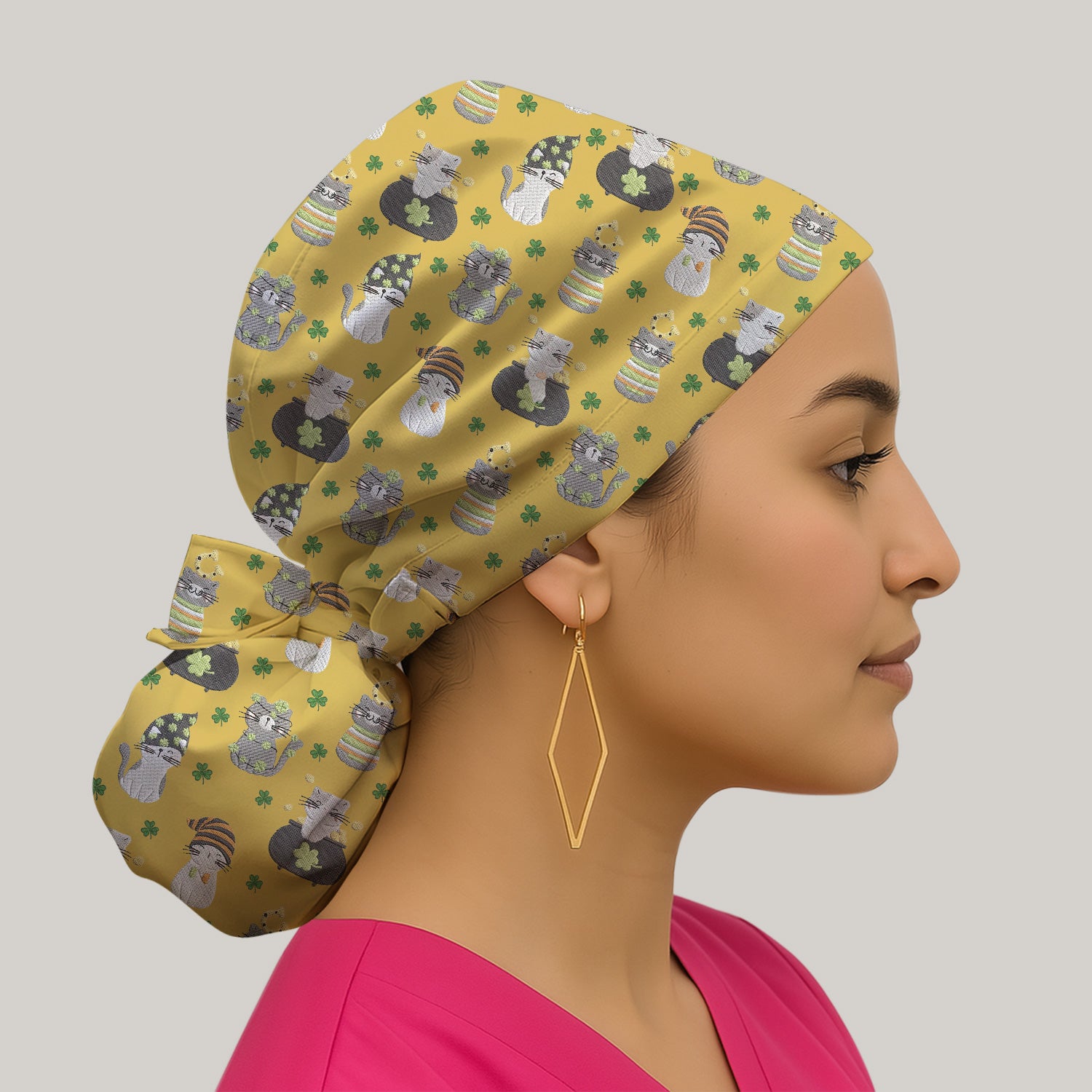 St. Patrick’s Day Scrub Cap, Lucky Cat With Shamrock Pattern Hat, Breathable Fabrics Nursing Uniform