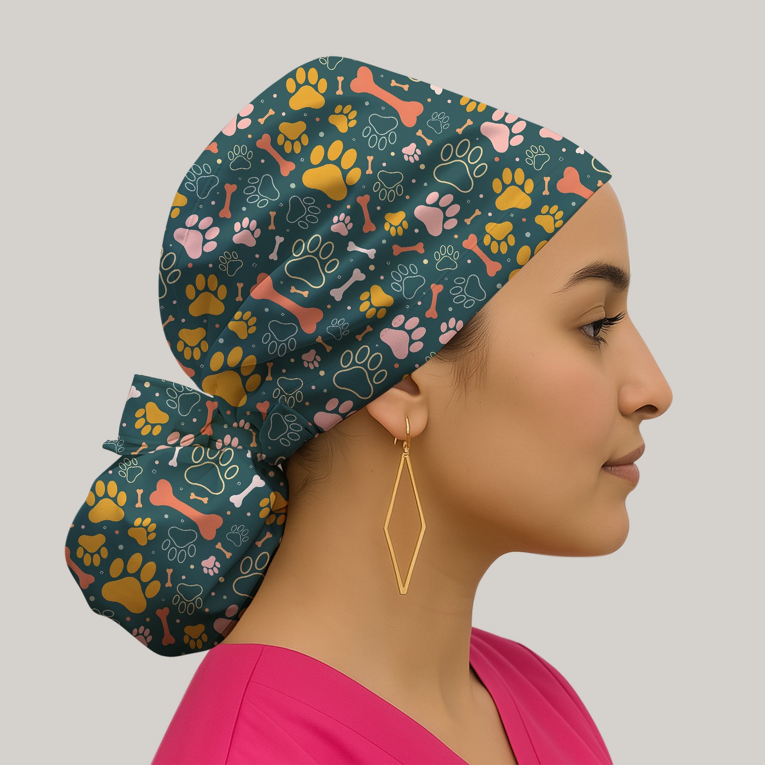 Cute Paw Print Dog Pattern Cap, Bouffant Scrub Caps for Women
