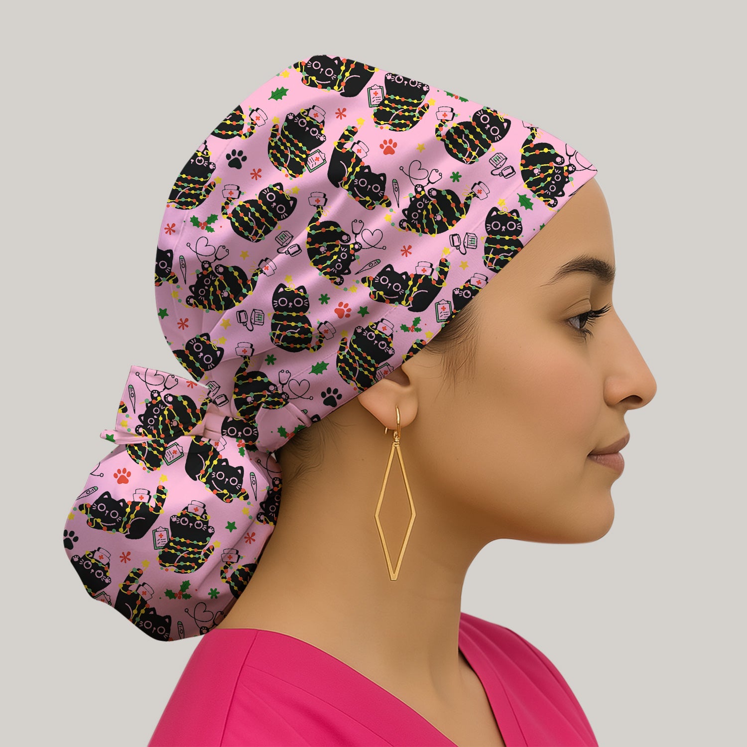 Black Cat Christmas Scrub Cap – Nurse & Holiday Lights Pattern Cap – Cute Medical Uniform For Nursing