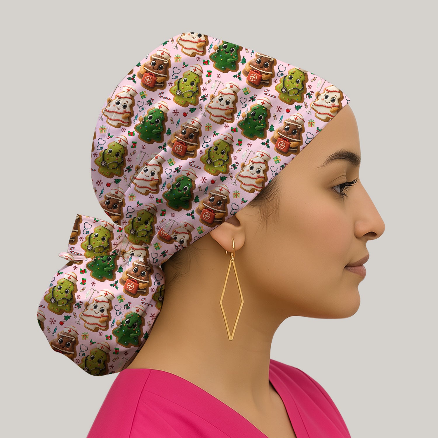 Christmas Cookie Scrub Cap – Festive Nurse & Holiday Tree Pattern – Cute Medical Uniform for Nurses, Vets and Healthcare Workers