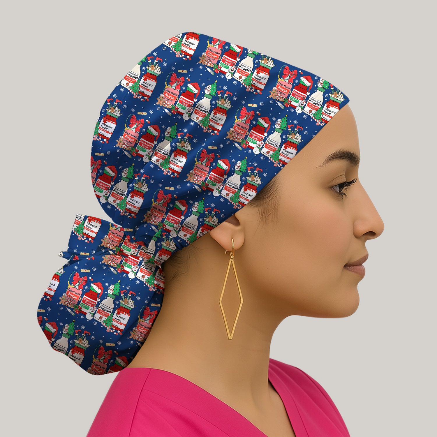 Funny Christmas Medication Scrub Cap – Festive Holiday Pharma Bottles Pattern – Playful Medical Uniform for Nurses, Pharmacists & Healthcare Workers
