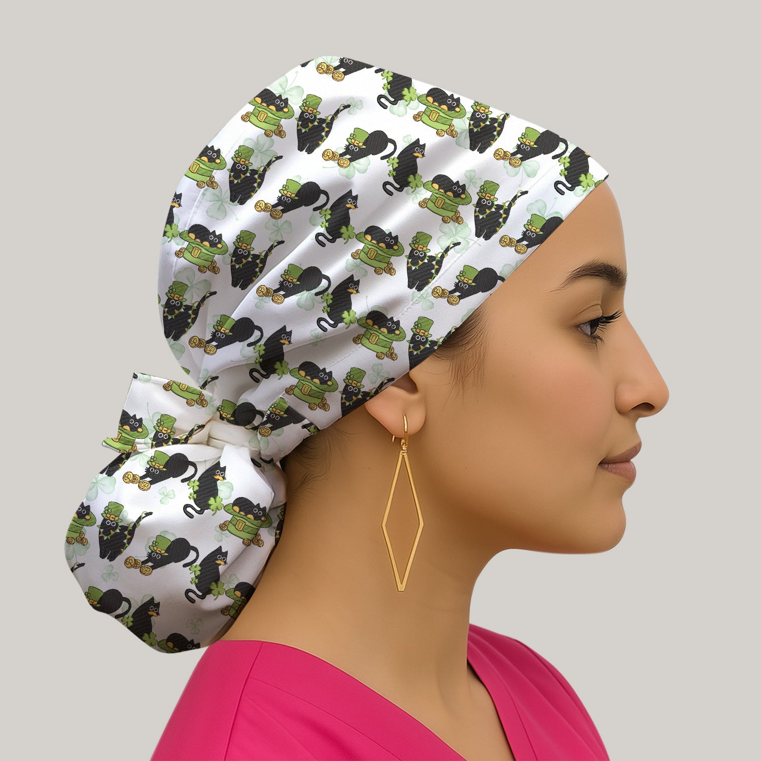 St. Patrick Black Cat Clover Print Scrub Cap, Bouffant Scrub Caps for Women
