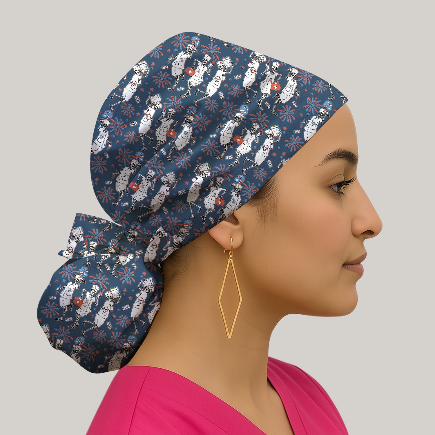 Funny Skeleton Nurse Patriotic Print Cap, Bouffant Scrub Caps for Women