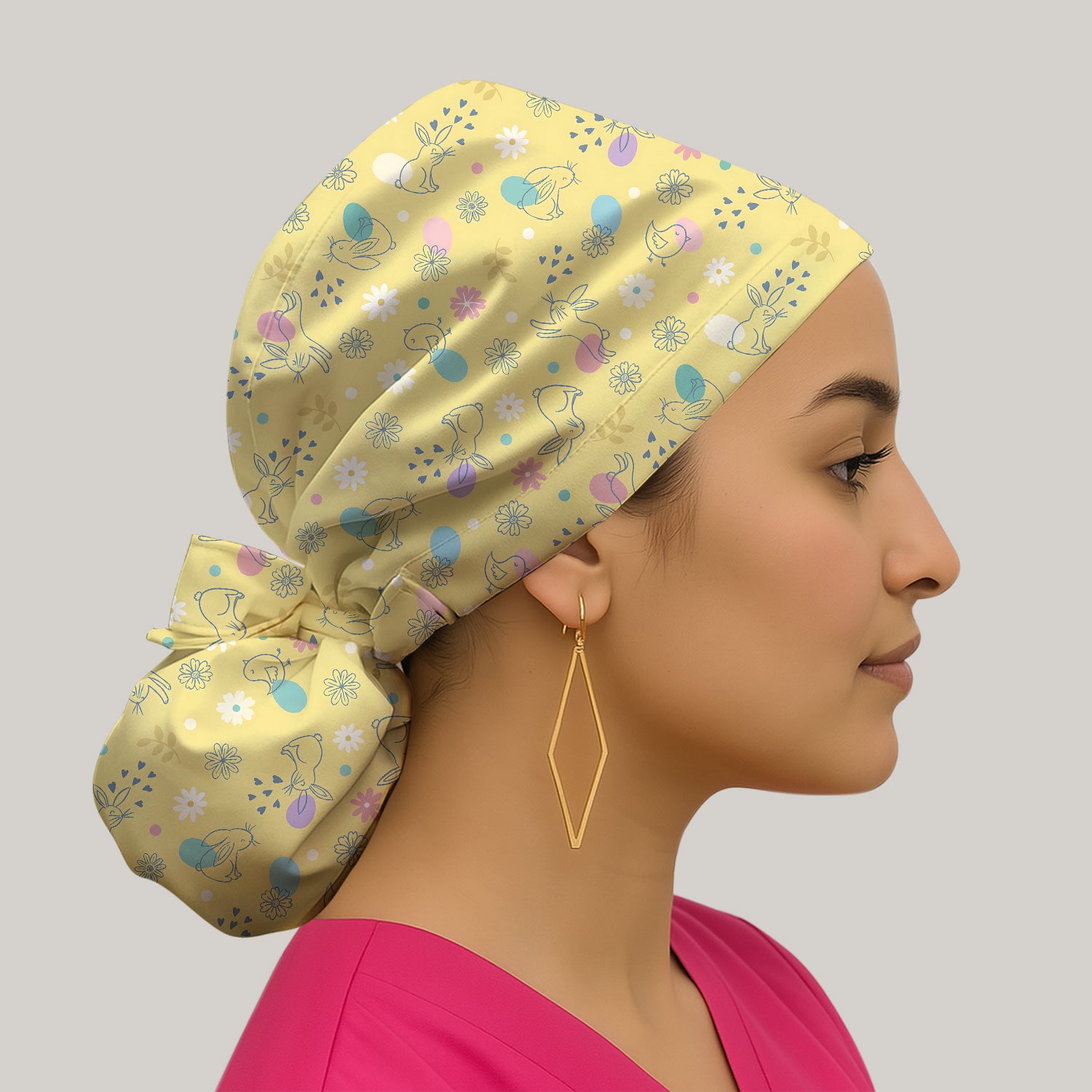 Whimsical Easter Bunny Eggs Pattern Cap, Bouffant Scrub Caps for Women