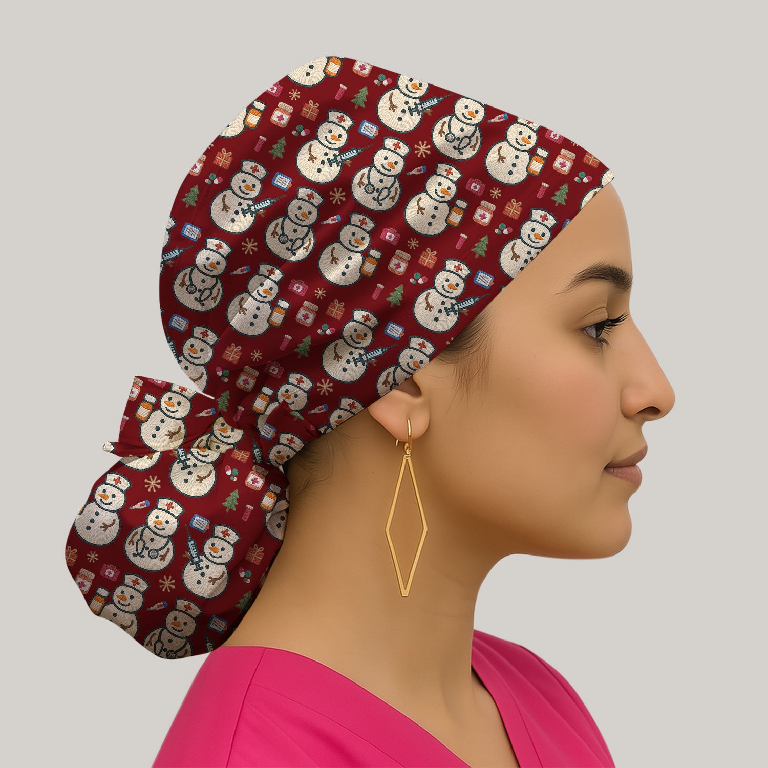 Snowman Nurse Christmas Scrub Cap – Festive Medical Pattern Cap – Cute Holiday Uniform For Nursing