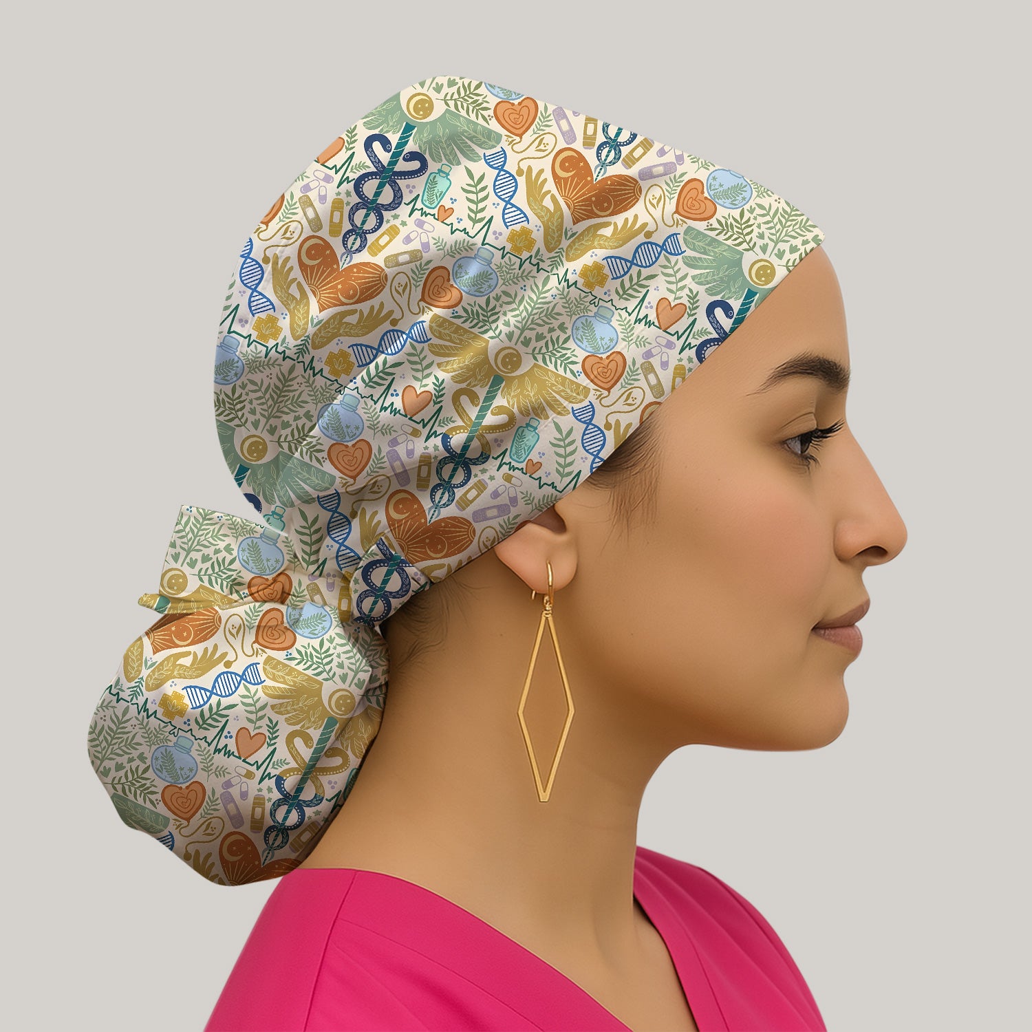 Inspirational Botanical Medical Caduceus Heart Nurse Pattern Scrub Cap, Surgical Caps for Doctors
