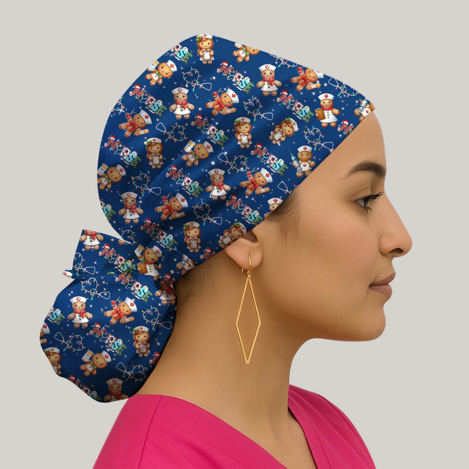 Nurse Scrub Cap with Buttons for Women - Christmas Surgical Hats Cute Gingerbread Design - Medical Bouffant Cap Long Hair