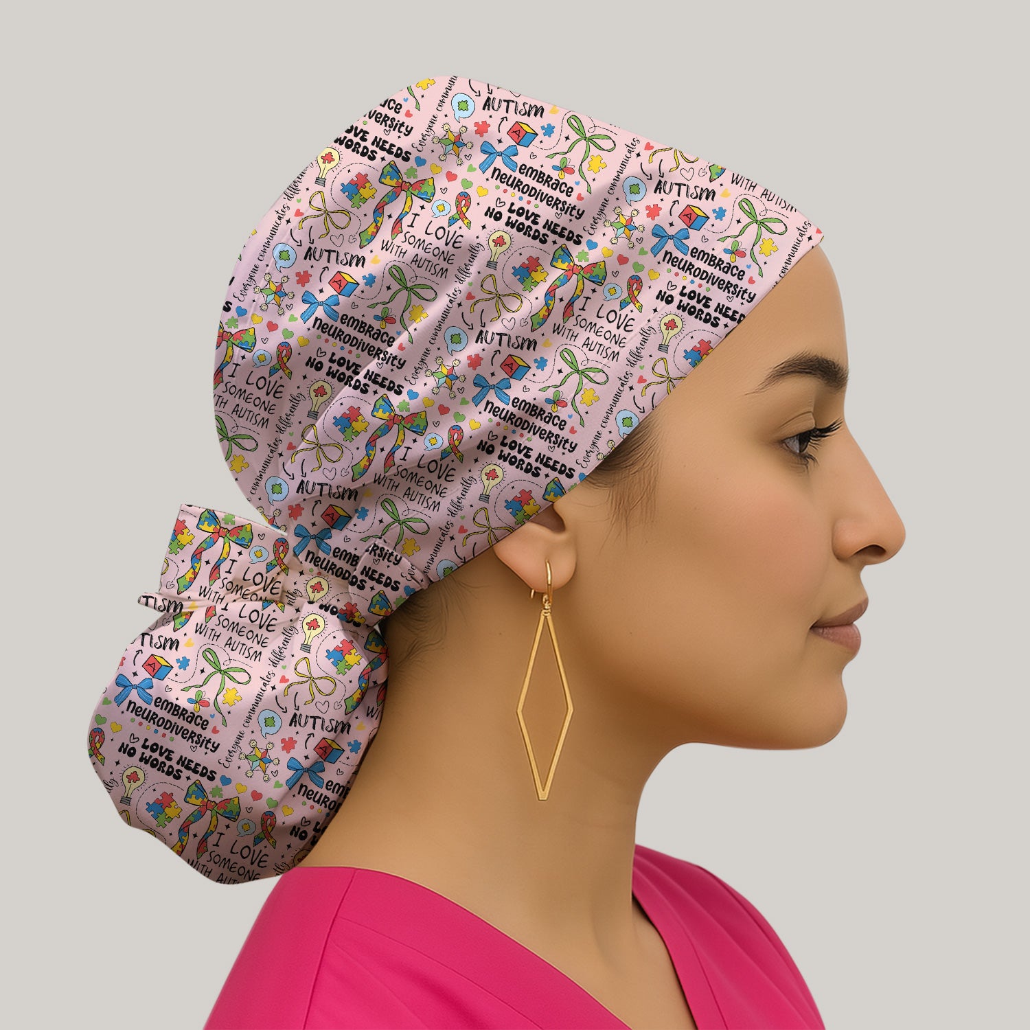 Autism Awareness Puzzle Ribbon Pattern Print Cap, Bouffant Scrub Caps for Women