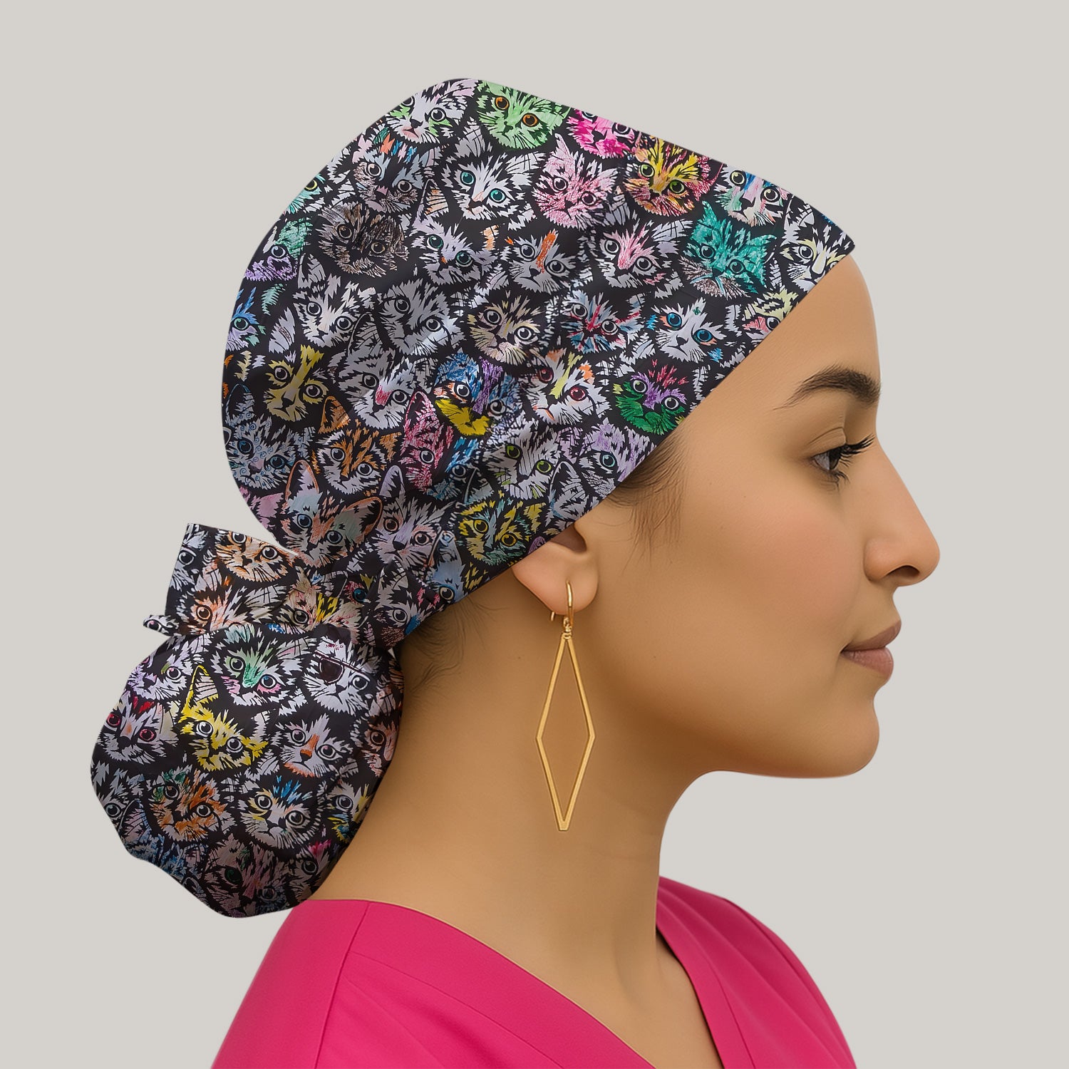 Colorful Cat Faces Pattern Scrub Cap, Breathable Fabrics Caps Uniform