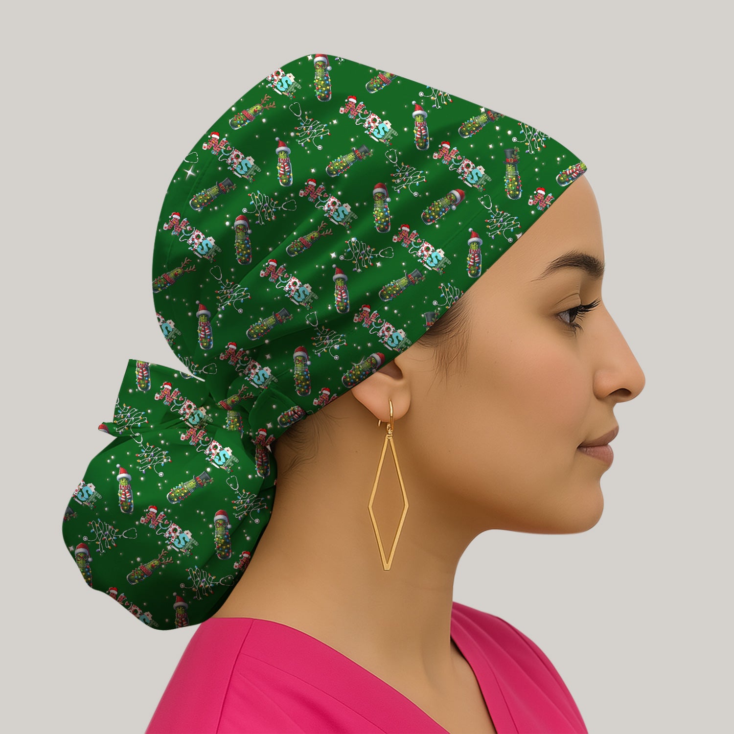 Christmas Nurse Scrub Cap with Buttons - Funny Pickle Holiday Surgical Hat for Women - Medical Bouffant Cap Long Hair