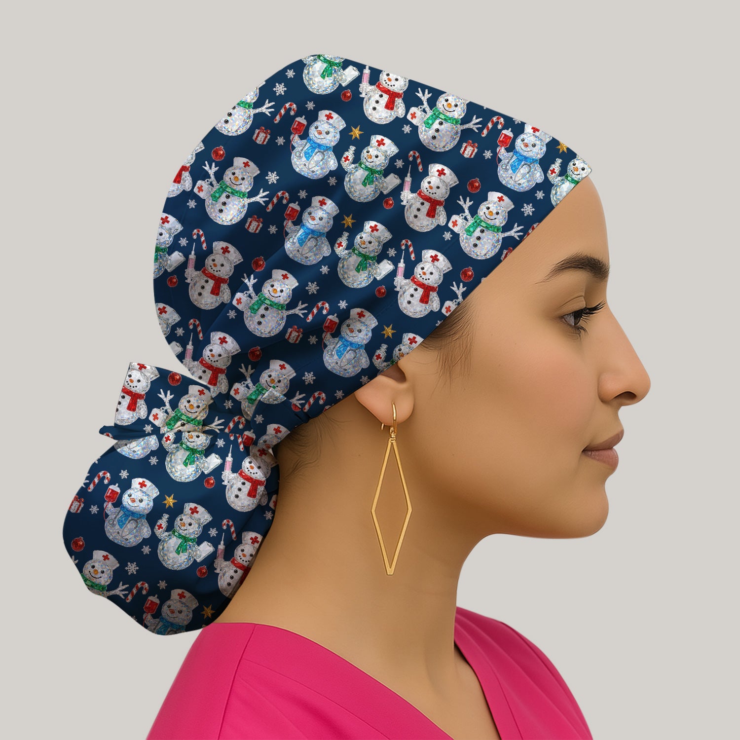 Nurse Snowman Christmas Scrub Cap, Cute Holiday Medical Pattern Hat For Women, Winter Snowflake Nursing Uniform