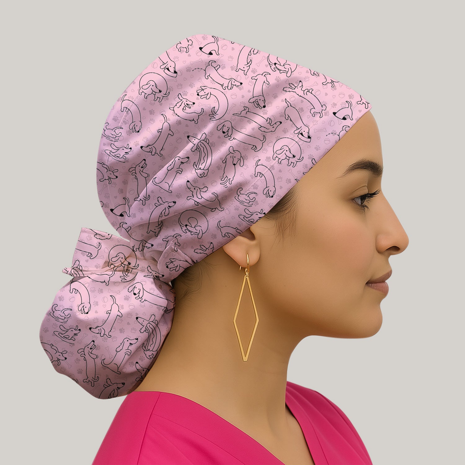 Playful Dachshund Dog Line Art Print Scrub Cap, Bouffant Scrub Caps for Women