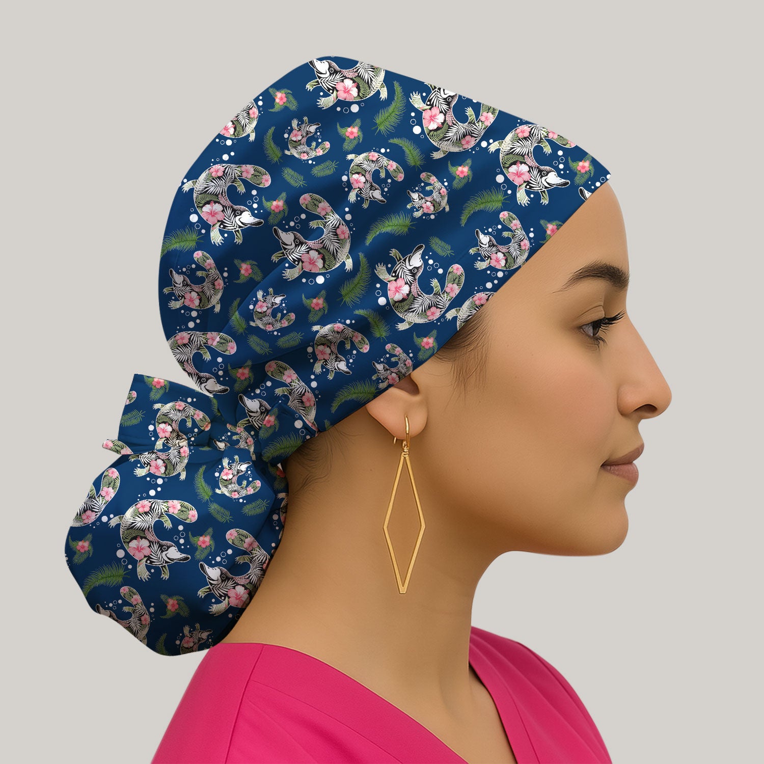 Cute Platypus Scrub Cap, Tropical Floral Animal Pattern Nurse Hat, Breathable Fabrics Nursing Uniform