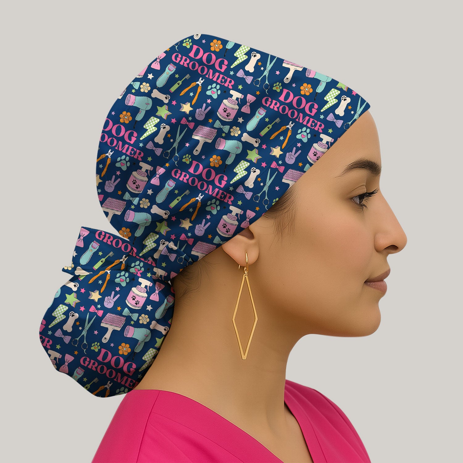 Dog Groomer Tools Pattern Scrub Cap, Bouffant Scrub Caps for Women