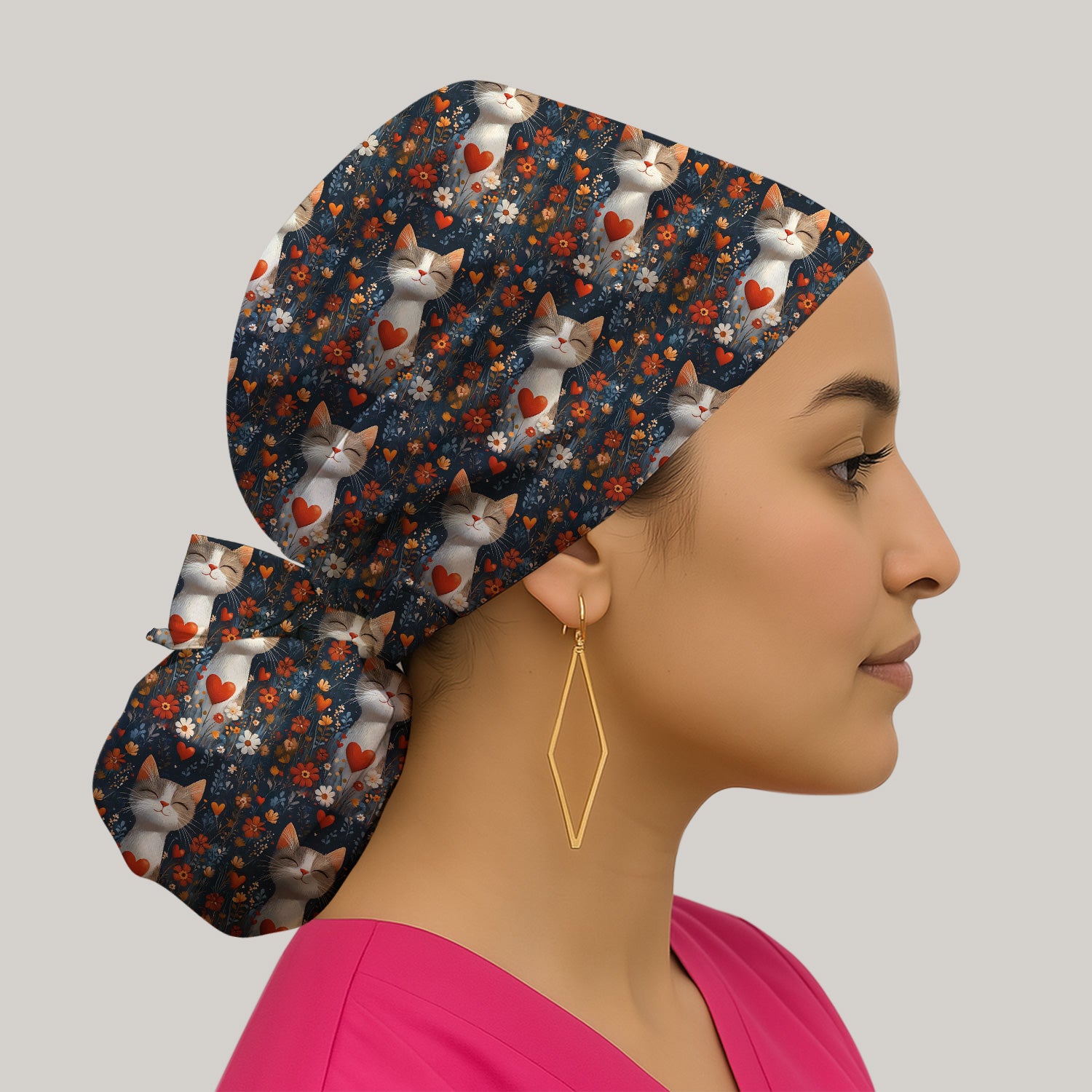 Cat Heart Floral Garden Pattern Scrub Cap, Surgical Caps for Doctors