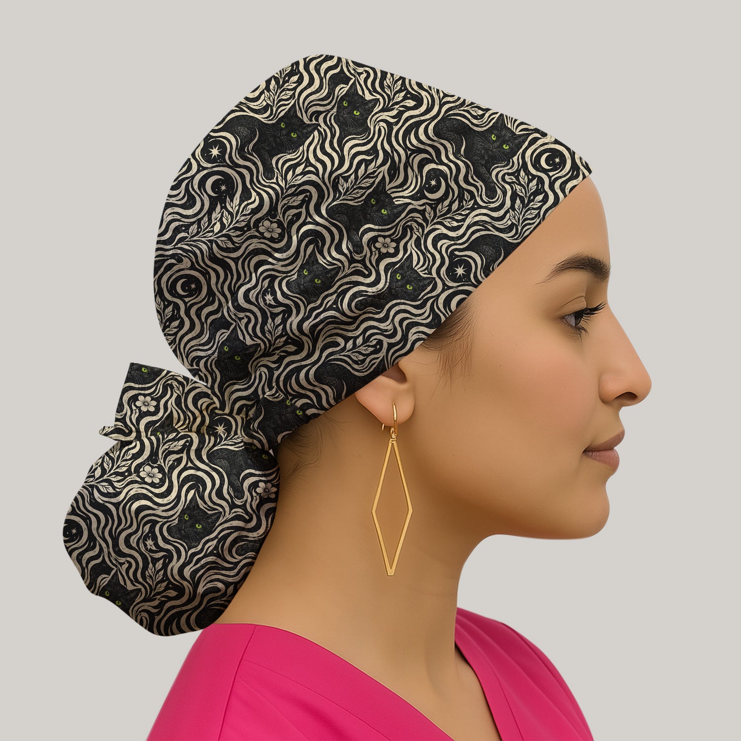Mystical Black Cat Moonlit Pattern Scrub Cap, Surgical Caps for Doctors