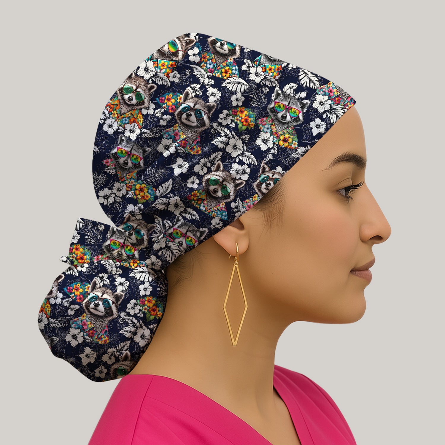 Tropical Raccoon Floral Pattern Scrub Cap, Surgical Caps for Doctors