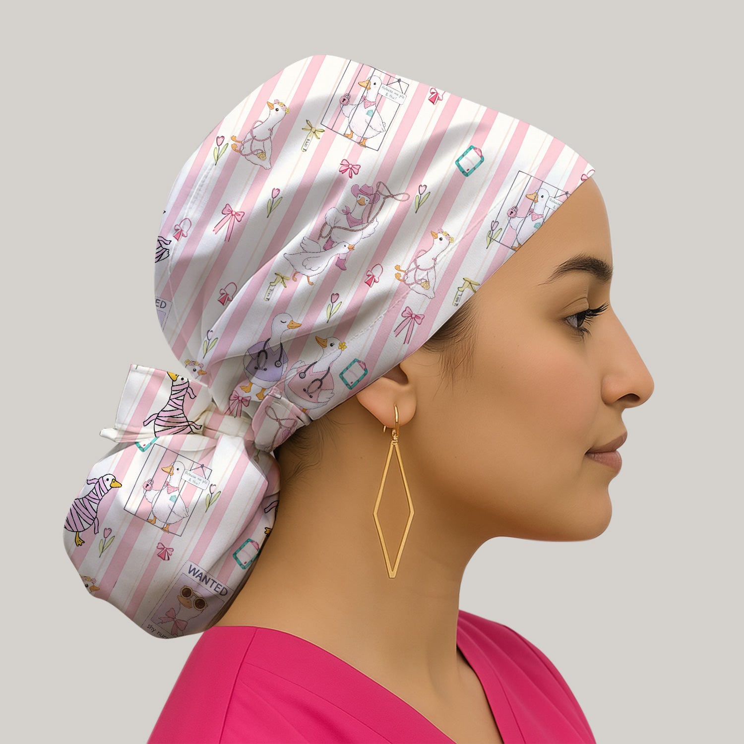 Cute Nurse Duck Stripe Pattern Cap, Bouffant Scrub Caps for Women