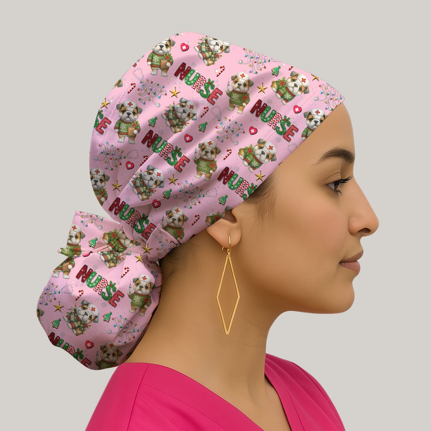 Bulldog Bouffant Scrub Caps for Women - Puppy Lover Gift - Breathable Fabrics Caps Uniform