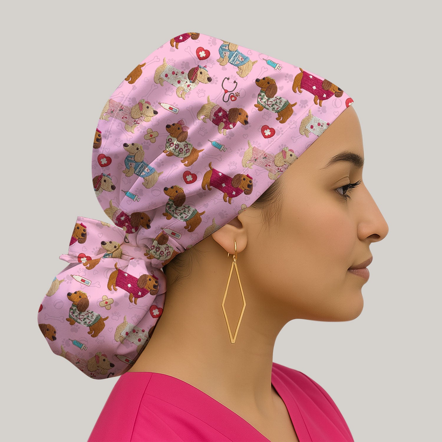 Cute Medical Wiener Dog Pattern Nurse Cap, Dachshund Nursing Scrub Hat, Breathable Fabrics Nursing Uniform