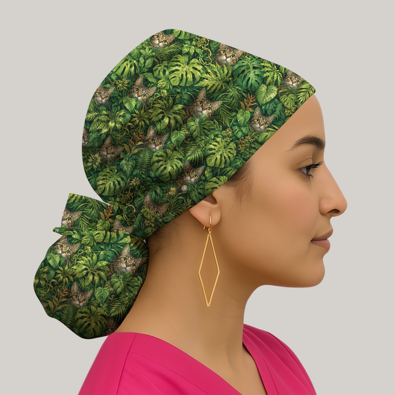 Hidden Jungle Cat Veterinary Nurse Pattern Scrub Cap, Surgical Caps for Doctors