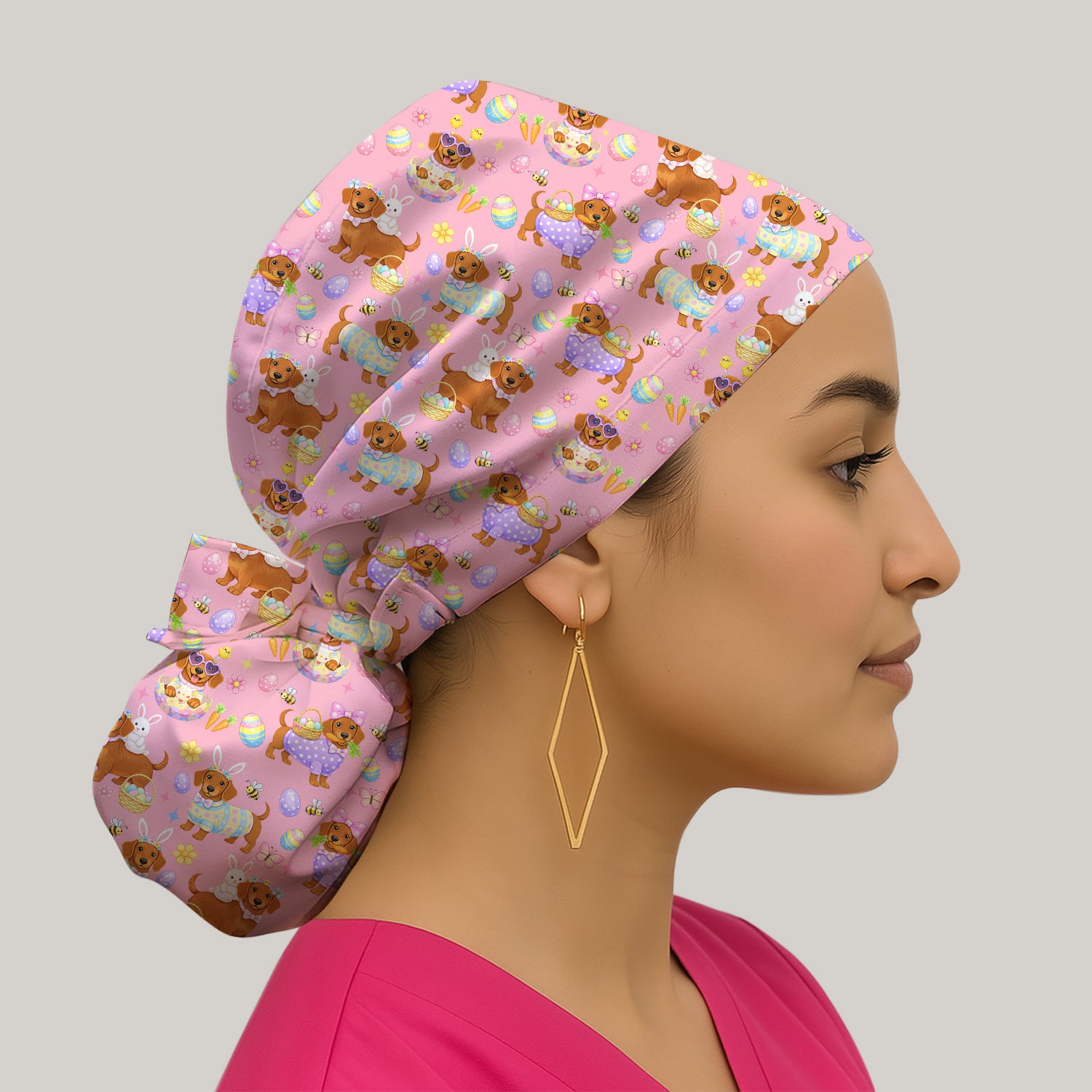 Cute Easter Dachshund Dog Pattern  Print Cap, Bouffant Scrub Caps for Women