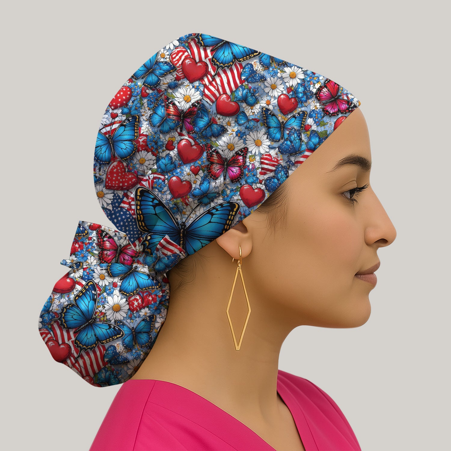 Festive Patriotic Butterfly Heart Floral Pattern Nurse Scrub Cap, Surgical Caps for Doctors