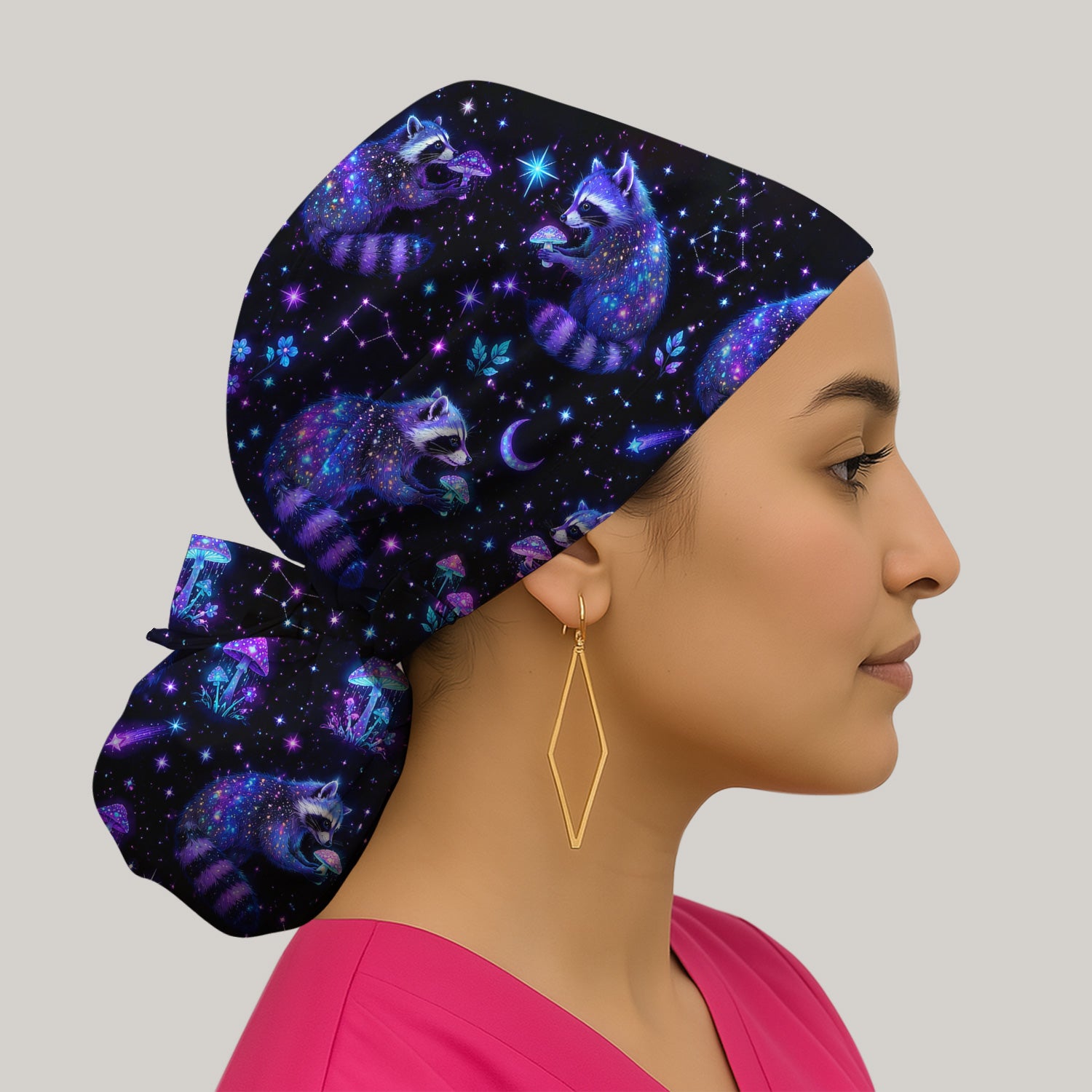 Galaxy Raccoon With Mushroom Night Scrub Cap, Surgical Caps for Doctors