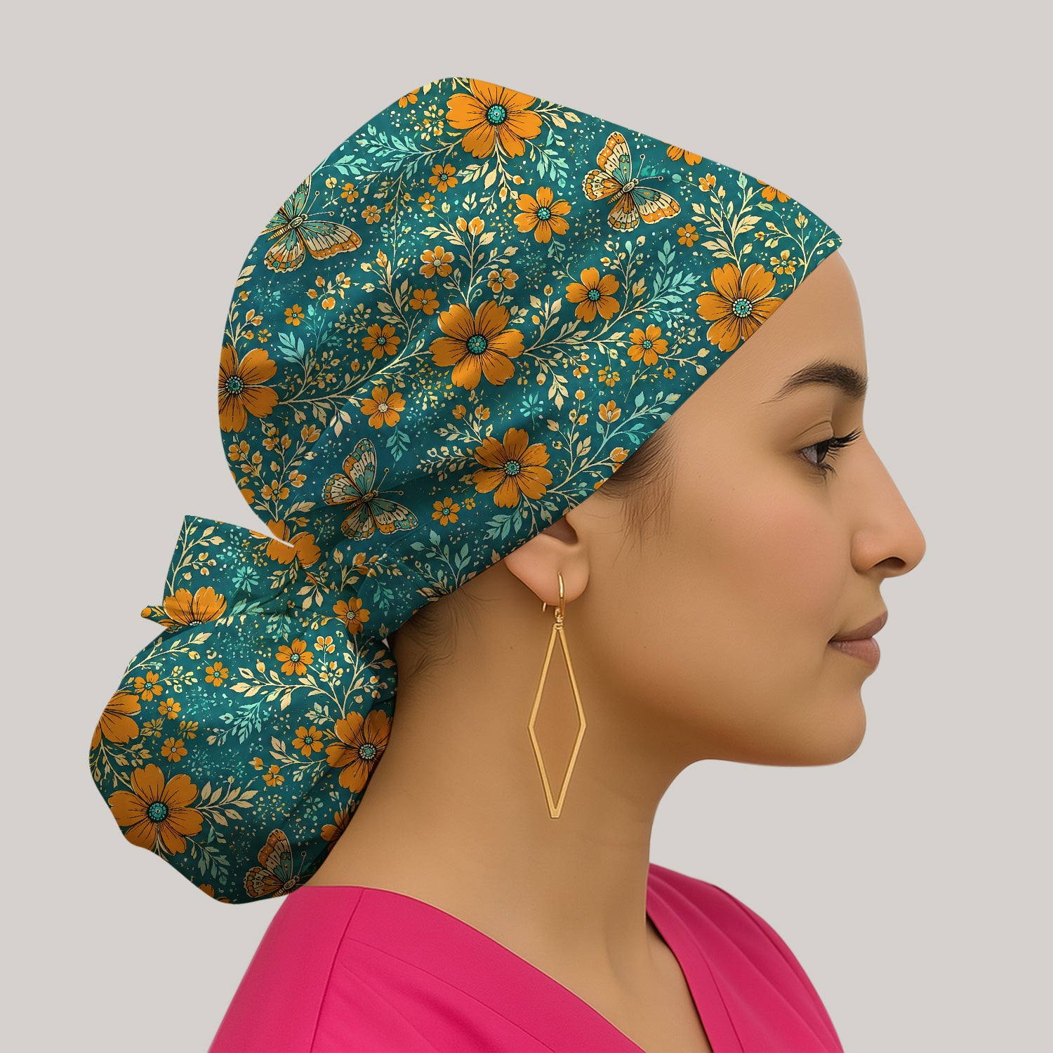 Orange Floral Butterfly Vine Pattern Scrub Cap, Surgical Caps for Doctors