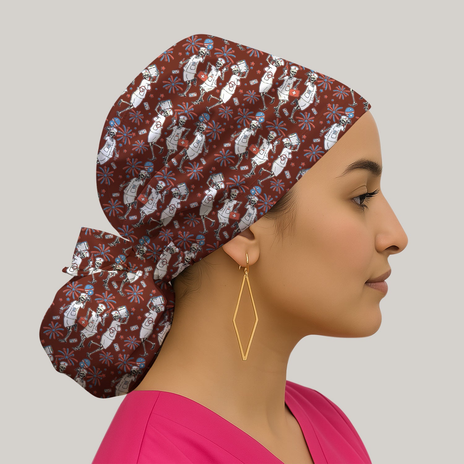 Funny Skeleton Nurse Patriotic Print Cap, Bouffant Scrub Caps for Women