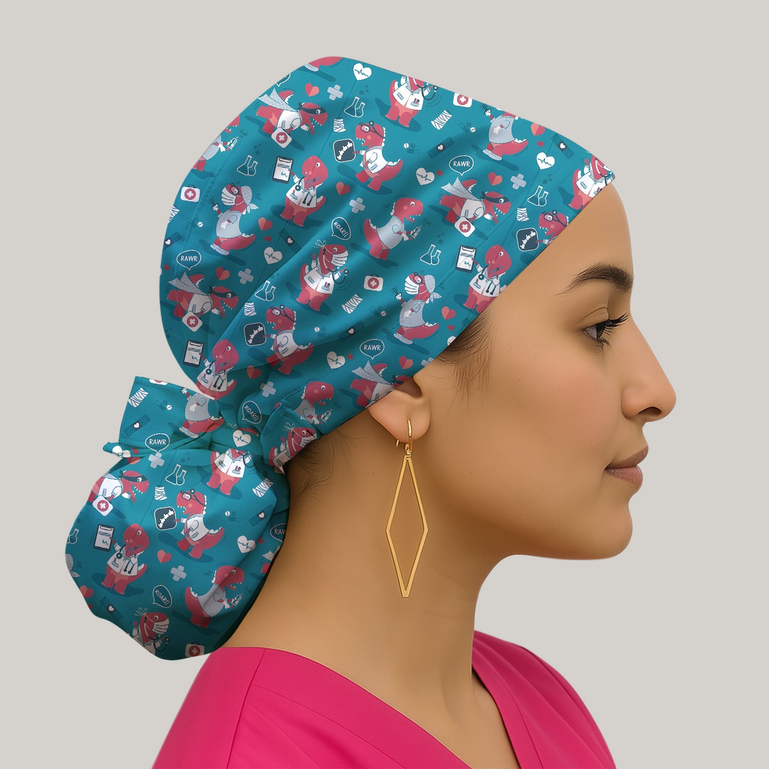 Cute Dinosaur Doctor Medical Pattern Cap, Bouffant Scrub Caps for Women
