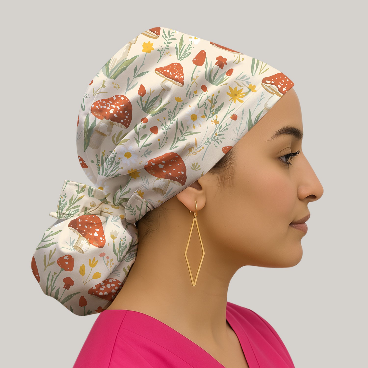 Cute Mushroom Wildflower Pattern Scrub Cap, Breathable Fabrics Caps Uniform