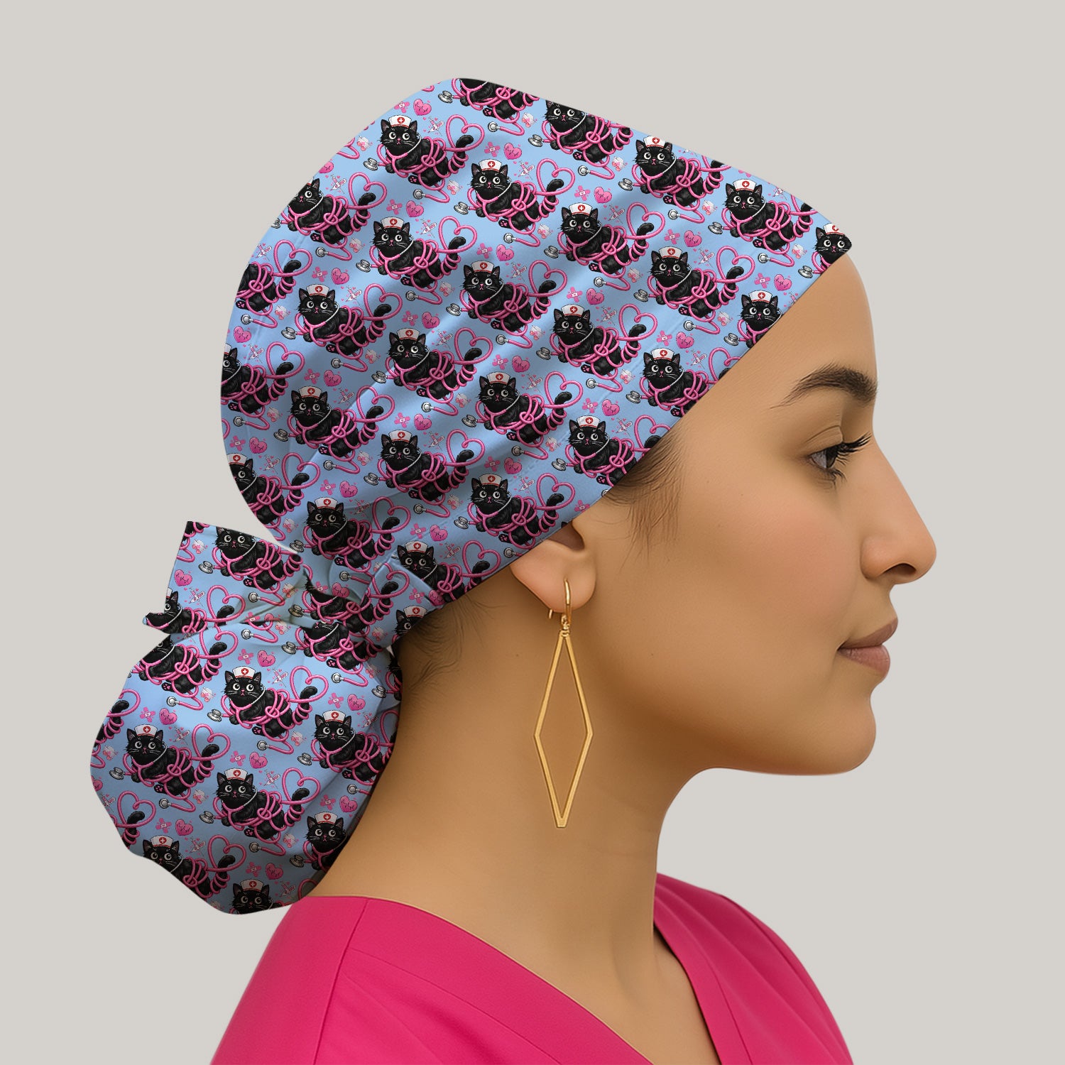 Valentine Cute Cat Nurse Heart Print Scrub Cap, Surgical Caps for Doctors