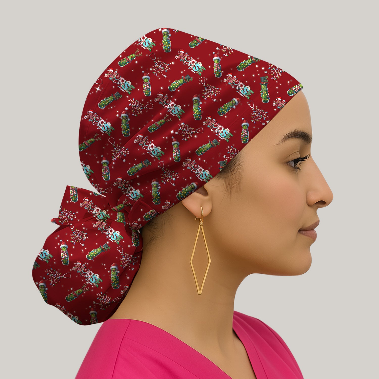 Christmas Nurse Scrub Cap with Buttons - Funny Pickle Holiday Surgical Hat for Women - Medical Bouffant Cap Long Hair