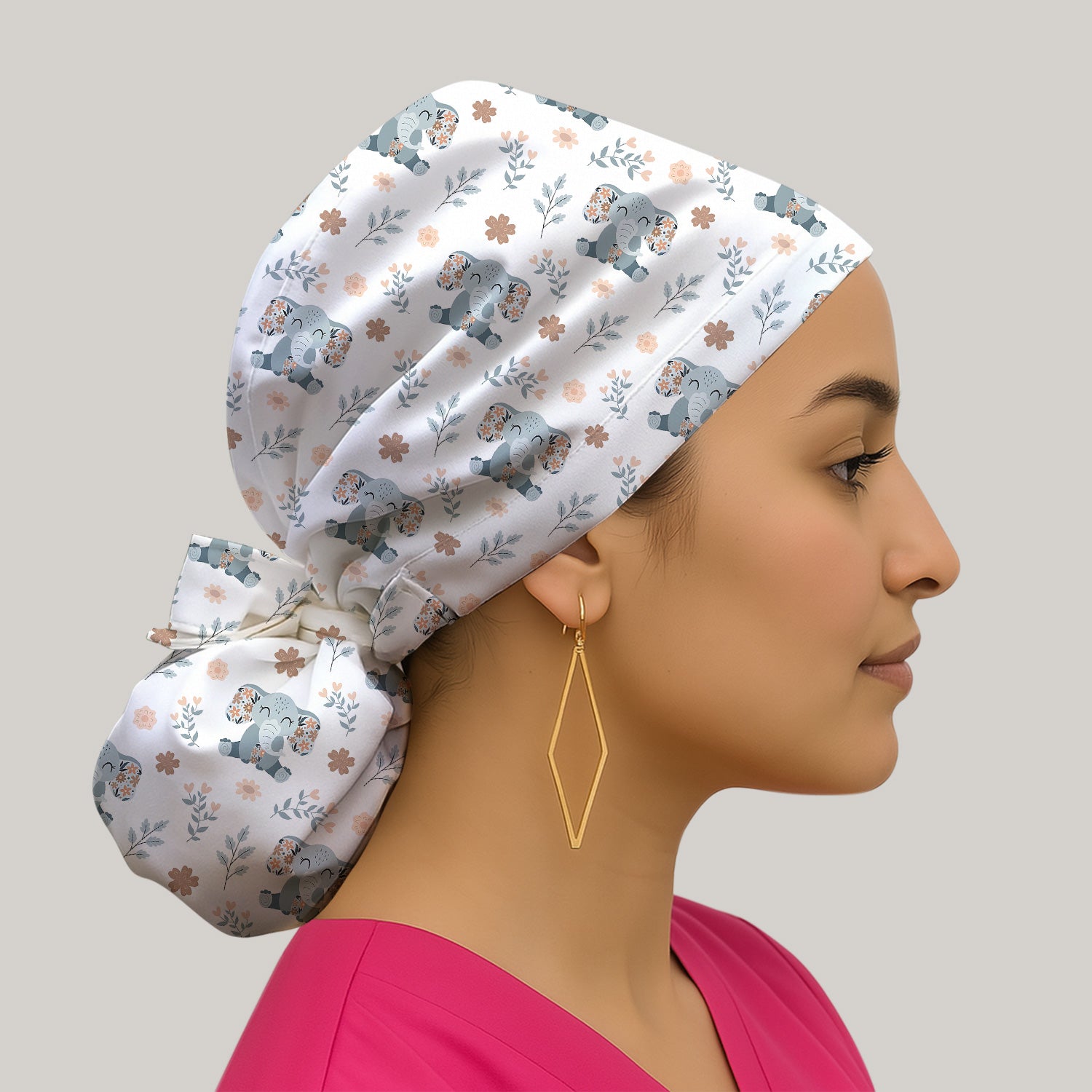 Cute Elephant Floral Pattern Cap, Bouffant Scrub Caps for Women
