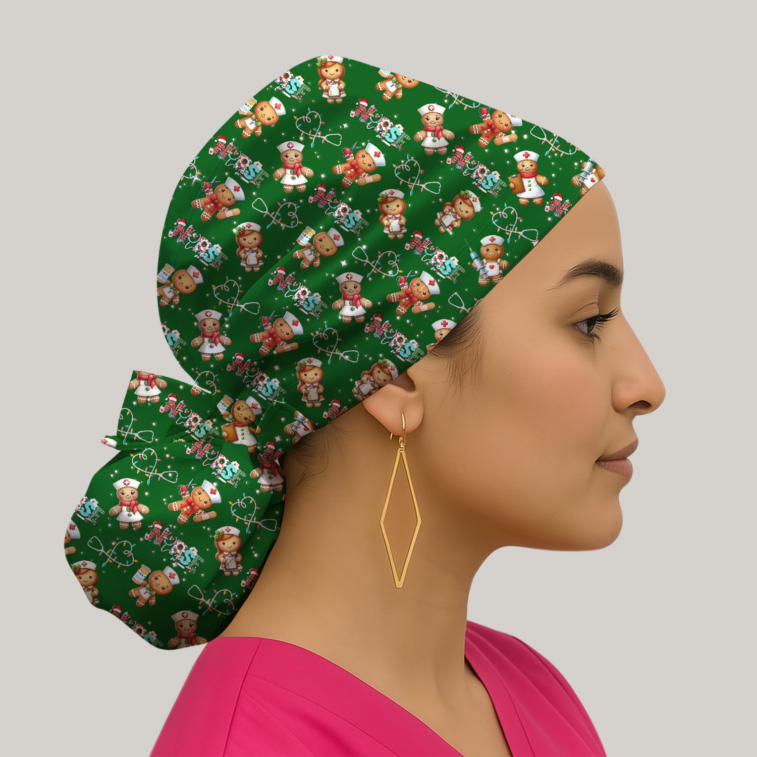 Nurse Scrub Cap with Buttons for Women - Christmas Surgical Hats Cute Gingerbread Design - Medical Bouffant Cap Long Hair