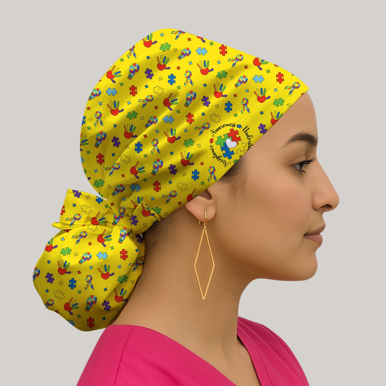 Autism Awareness Colorful Puzzle Pattern Print Cap, Bouffant Scrub Caps for Women