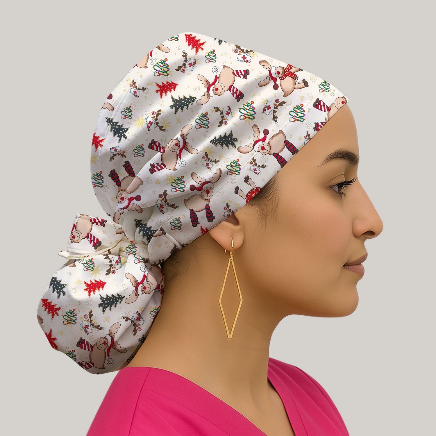 Reindeer Xmas Bouffant Scrub Caps for Women - Festive Holiday Holiday Nursing Gift - Breathable Fabrics Caps Uniform