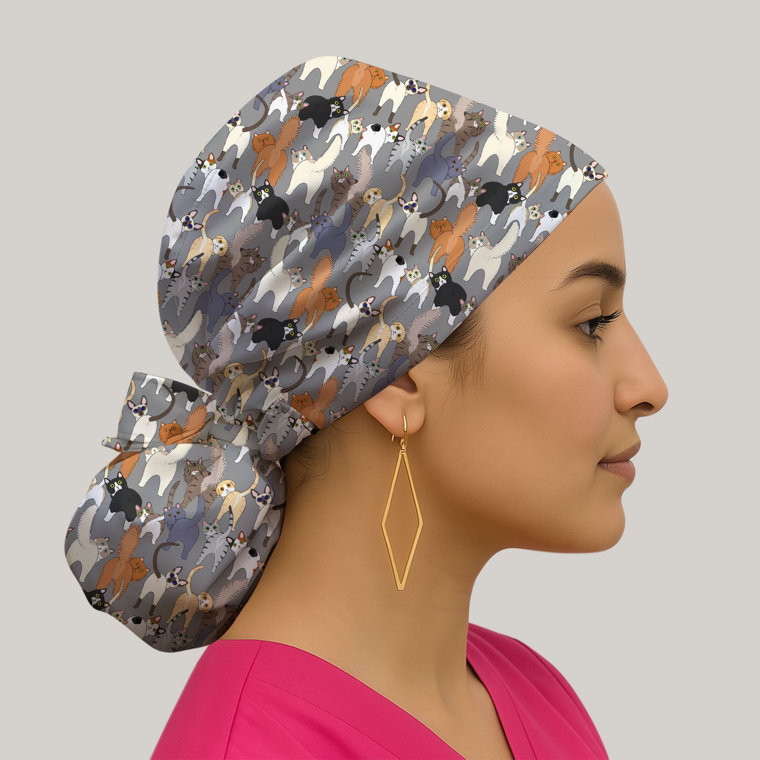 Whimsical Multicolor Cat Cartoon Pattern Cap, Bouffant Scrub Caps for Women