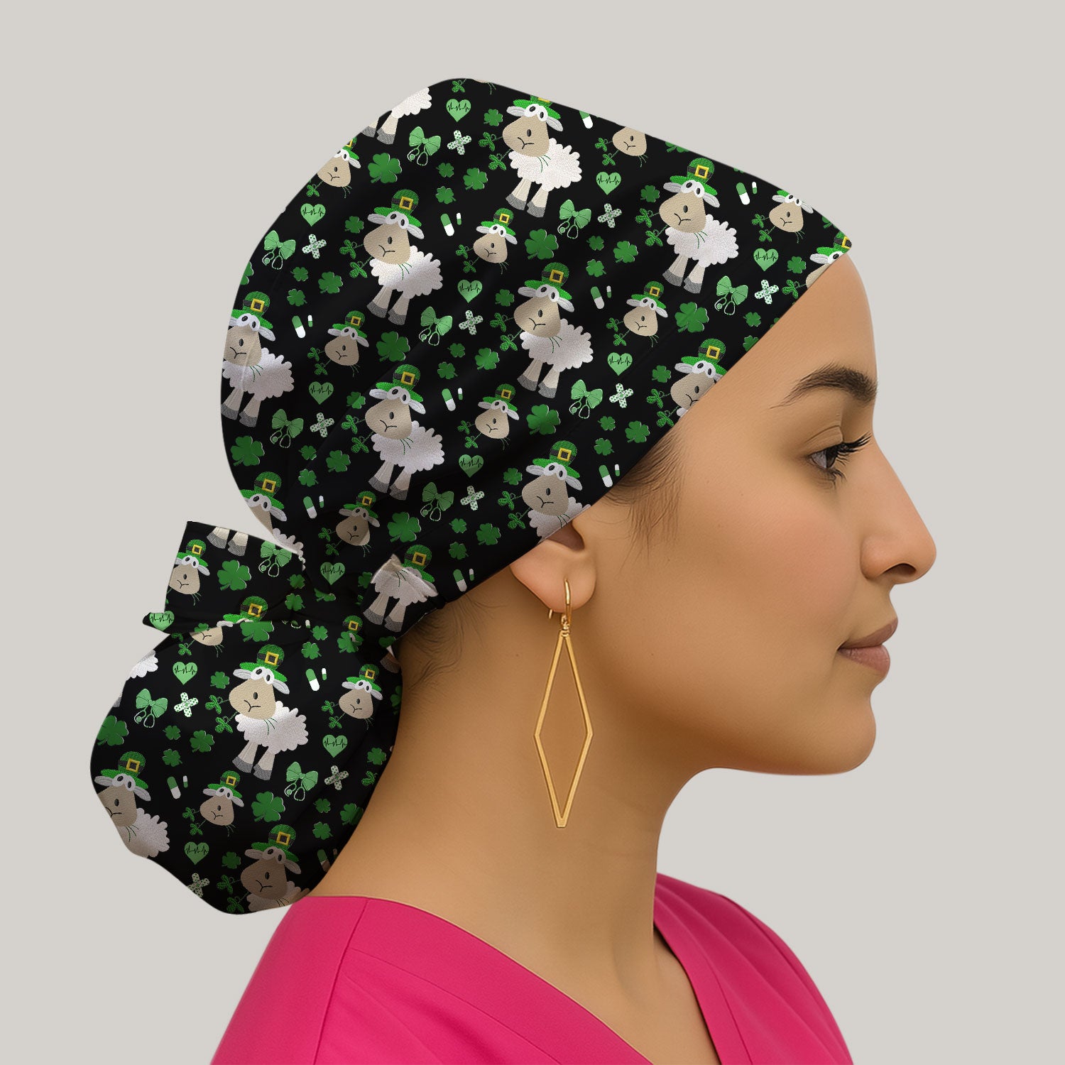 Nurse St. Patrick Scrubs Cap, Cute Sheep Shamrock Pattern Nurse Hat, Breathable Fabrics Nursing Uniform