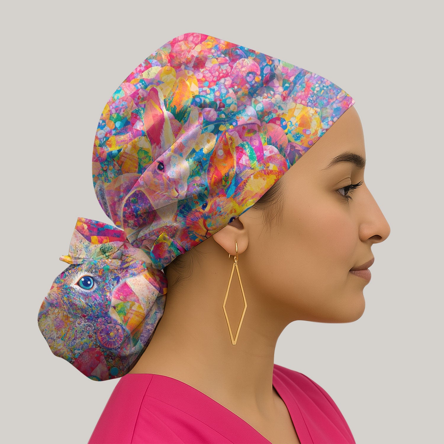 Colorful Artistic Bunny Pattern Scrub Cap, Breathable Fabrics Caps Uniform
